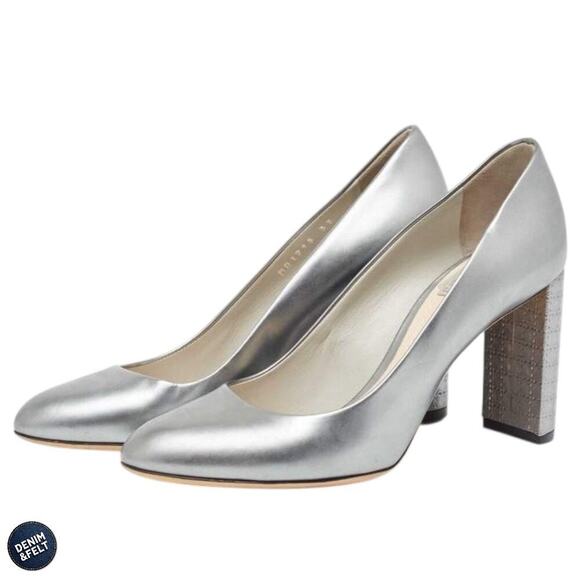 Christian Dior Cannage Block Heel Pumps 38.5 Silver Metallic Made in Italy